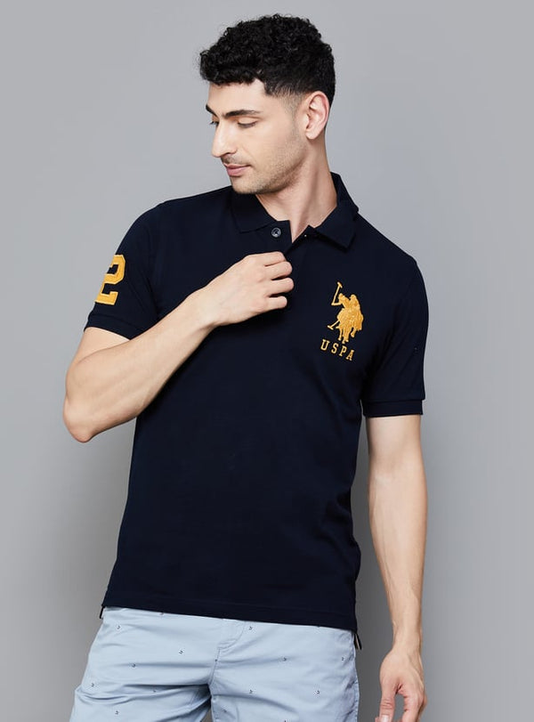 Classic Navy Blue Polo with Gold Logos