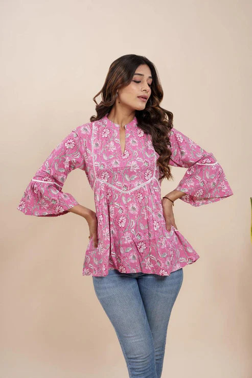 women pink beautiful designer floral printed cotton tunic top short kurti